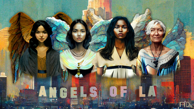 4 Angels from around the city of Los Angeles hovering over the city with the text "Angels of LA"