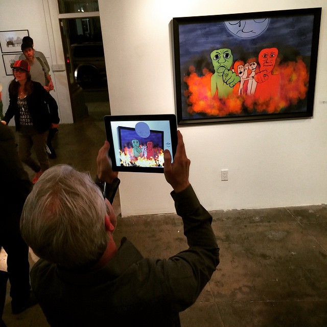 On Trial Augmented Reality (AR) demoed by artist Daniel Leighton at his March 2015 solo show at the Los Angeles Center for Digital Art (LACDA). Photo by Hijinx PR and Management